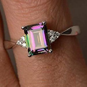 Mysterious Rainbow fire Topaz Ring Square Cut Cubic Zirconia Single Stone Ring